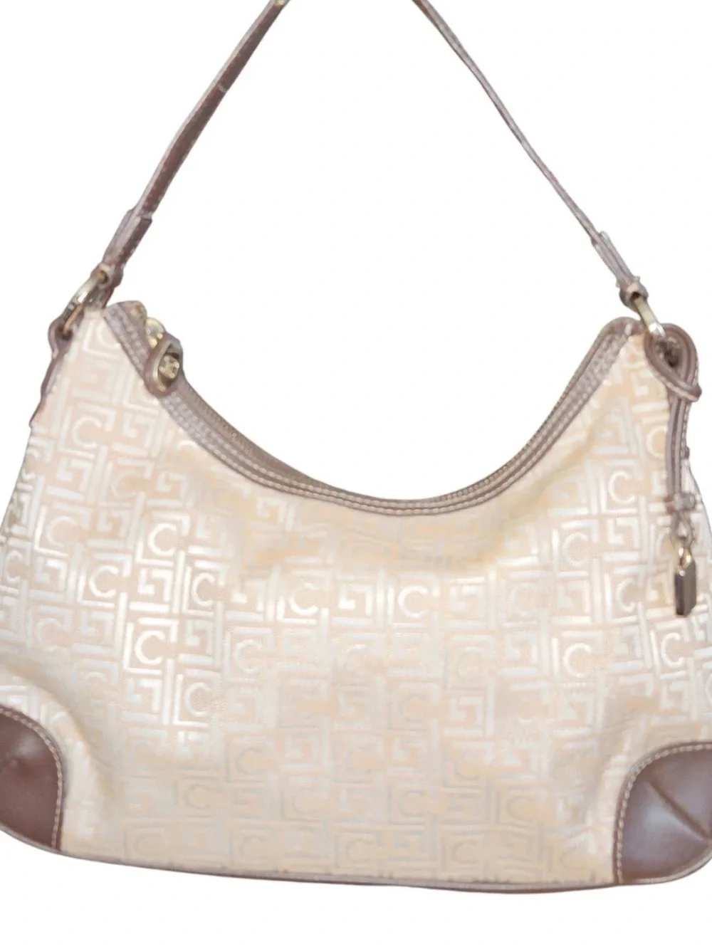 Liz Claiborne Beige Monogram Shoulder Bag with Brown Trim